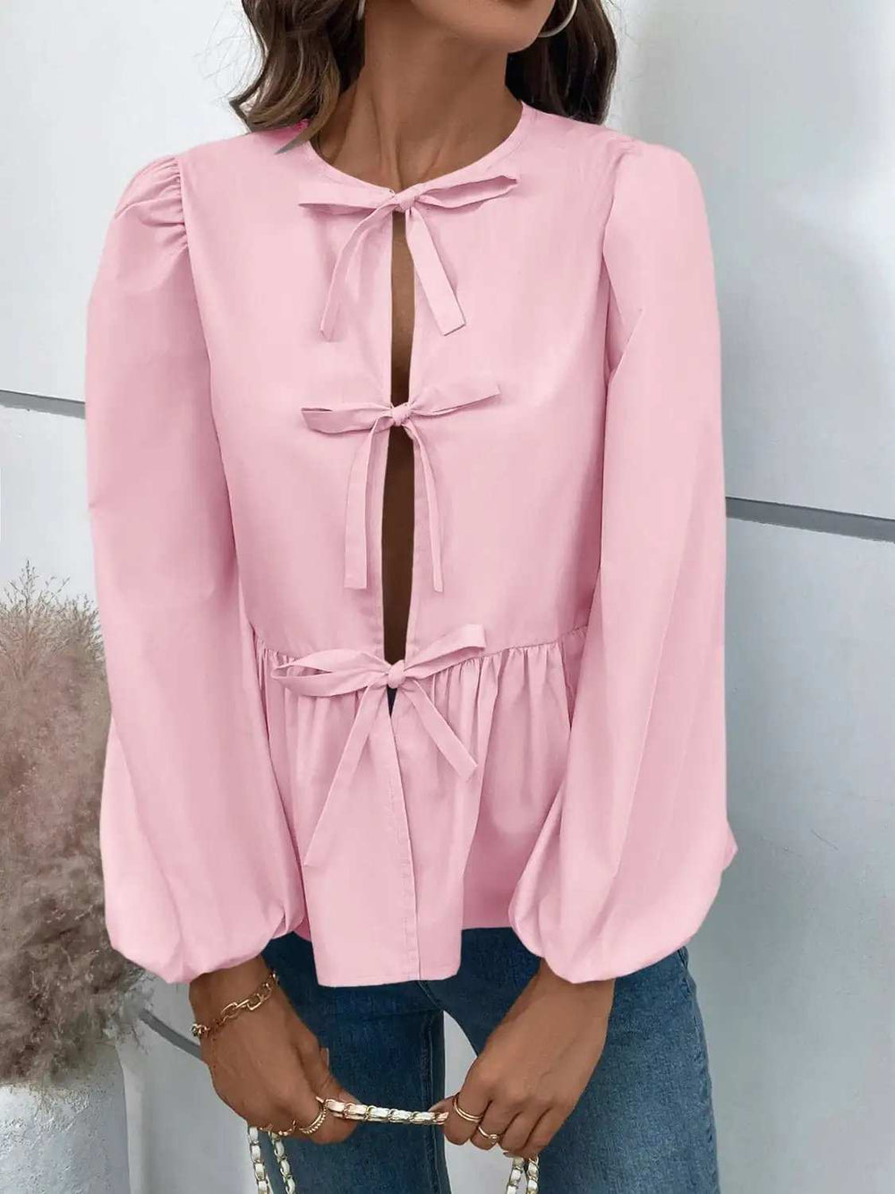 Ivy Lane Peplum Tied Long Sleeve Blouse - Trendsi - Flyclothing LLC