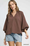 Umgee Full Size Textured Notched Balloon Sleeve Blouse Plus Size - Trendsi - Flyclothing LLC