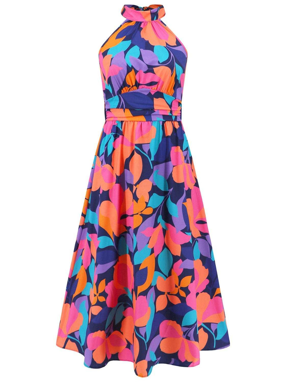 Ruched Printed Halter Neck Sleeveless Dress - Trendsi - Flyclothing LLC