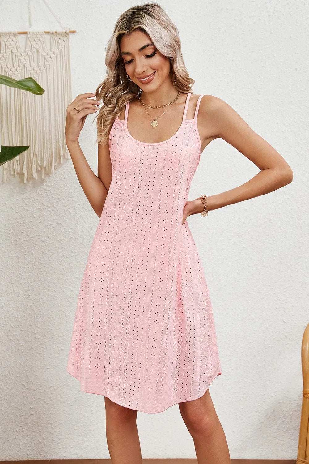 Eyelet Scoop Neck Double Strap Dress - Trendsi - Flyclothing LLC