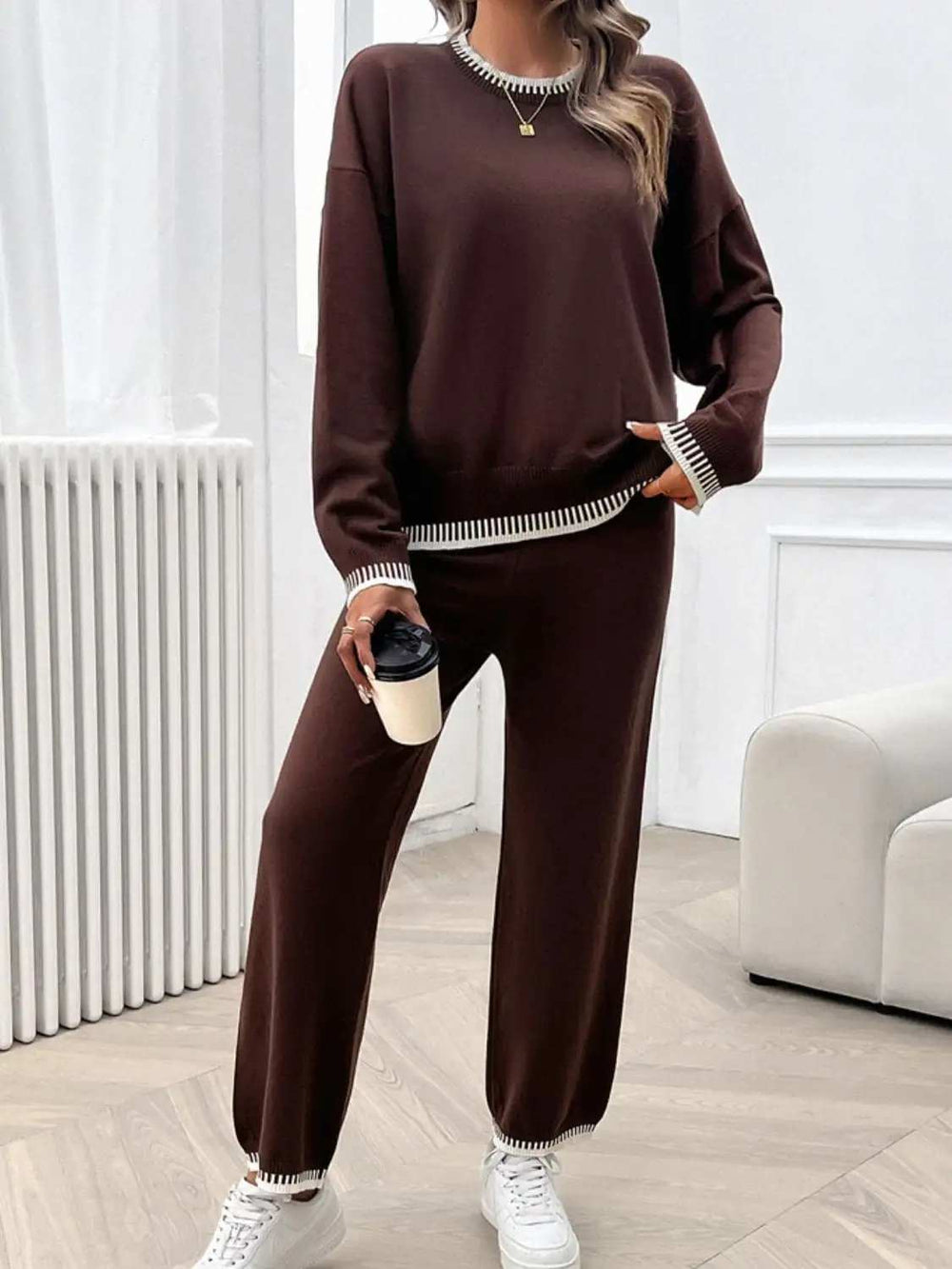 Round Neck Dropped Shoulder Top and Pants Sweater Set - Trendsi - Flyclothing LLC