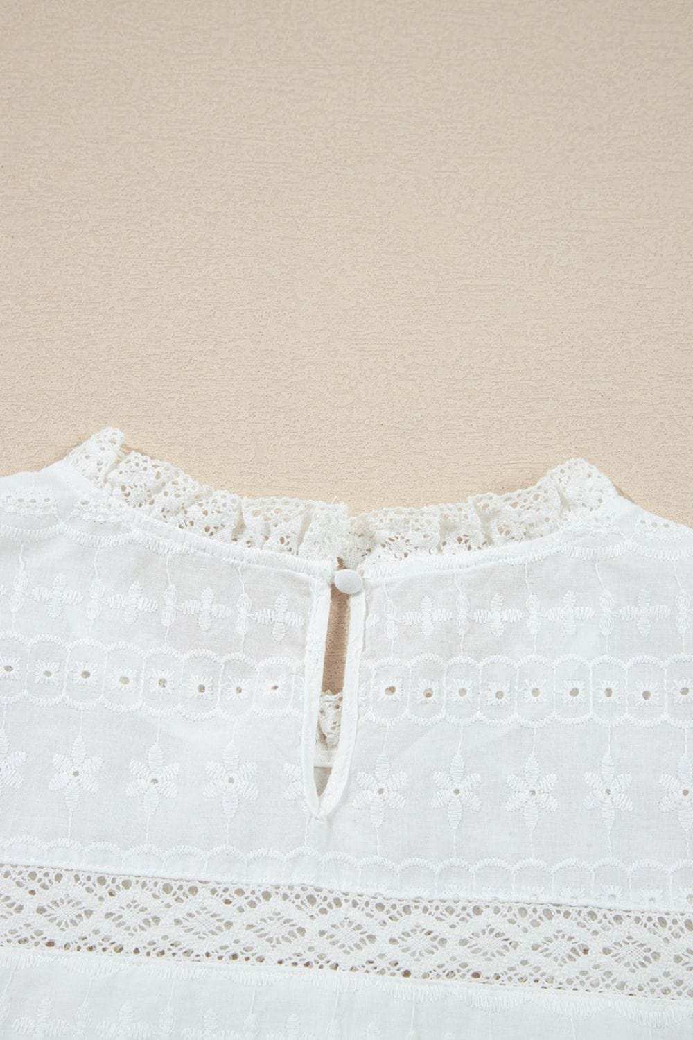 Lace Round Neck Flutter Sleeve Eyelet Blouse - Trendsi - Flyclothing LLC