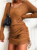 Full Size Ribbed Knit Drawstring Bodycon Sweater Dress Plus Size - Trendsi - Flyclothing LLC