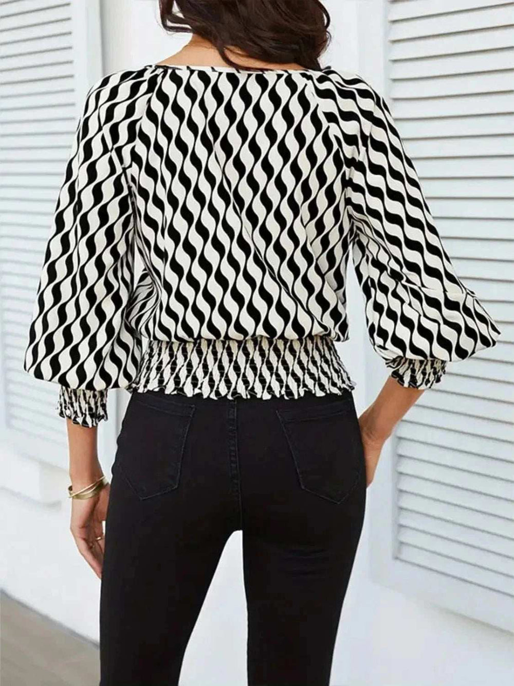 Geometric Print Lantern Sleeve Smocked Waist Blouse - Trendsi - Flyclothing LLC