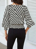 Geometric Print Lantern Sleeve Smocked Waist Blouse - Trendsi - Flyclothing LLC