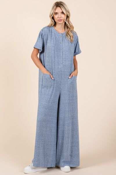 Mittoshop Button Detail Short Sleeve Wide Leg Jumpsuit - Trendsi - Flyclothing LLC