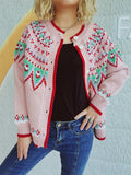 Contrast Geometric Round Neck Long Sleeve Cardigan - Trendsi - Flyclothing LLC