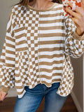 Checker & Stripes Round Neck Long Sleeve Blouse - Trendsi - Flyclothing LLC