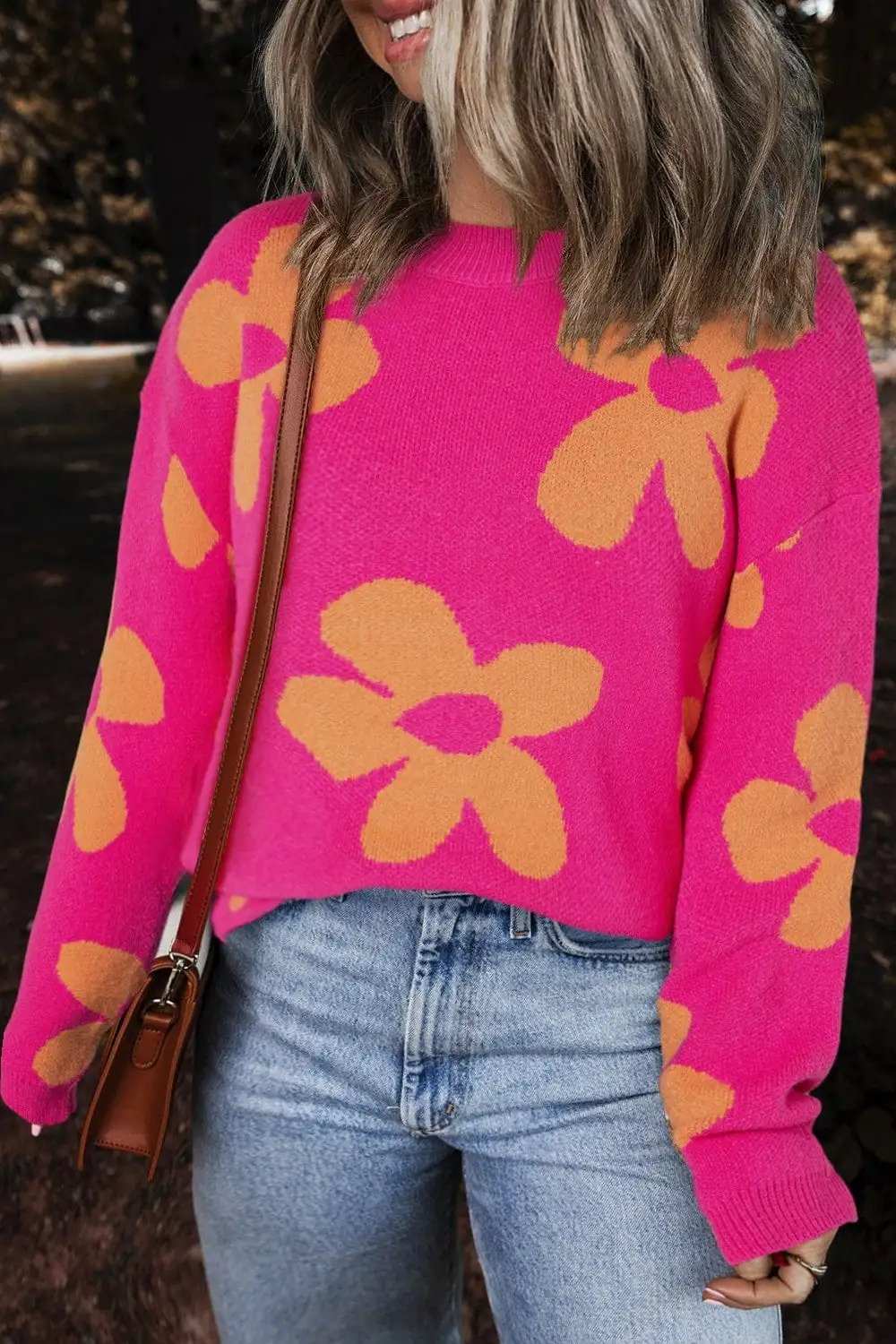 Flower Round Neck Long Sleeve Sweater - Trendsi - Flyclothing LLC