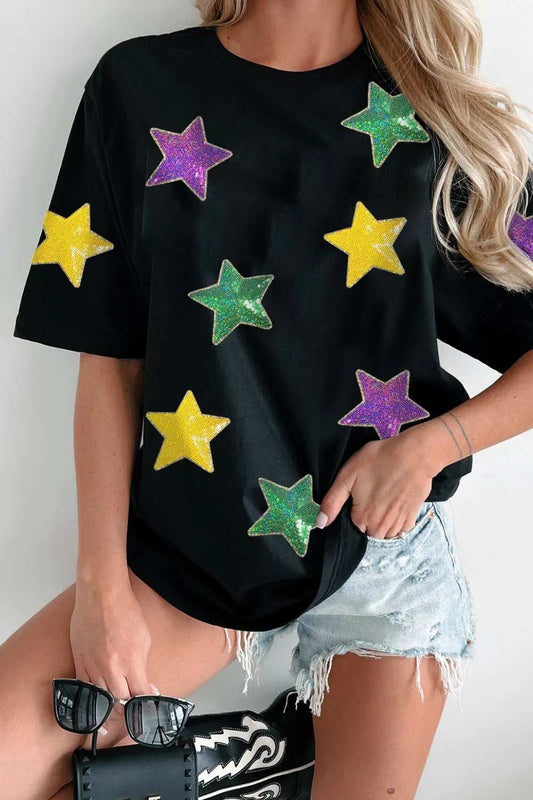 Sequin Stars Patched Round Neck T-Shirt - Trendsi - Flyclothing LLC