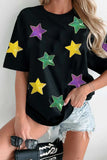 Sequin Stars Patched Round Neck T-Shirt - Trendsi - Flyclothing LLC