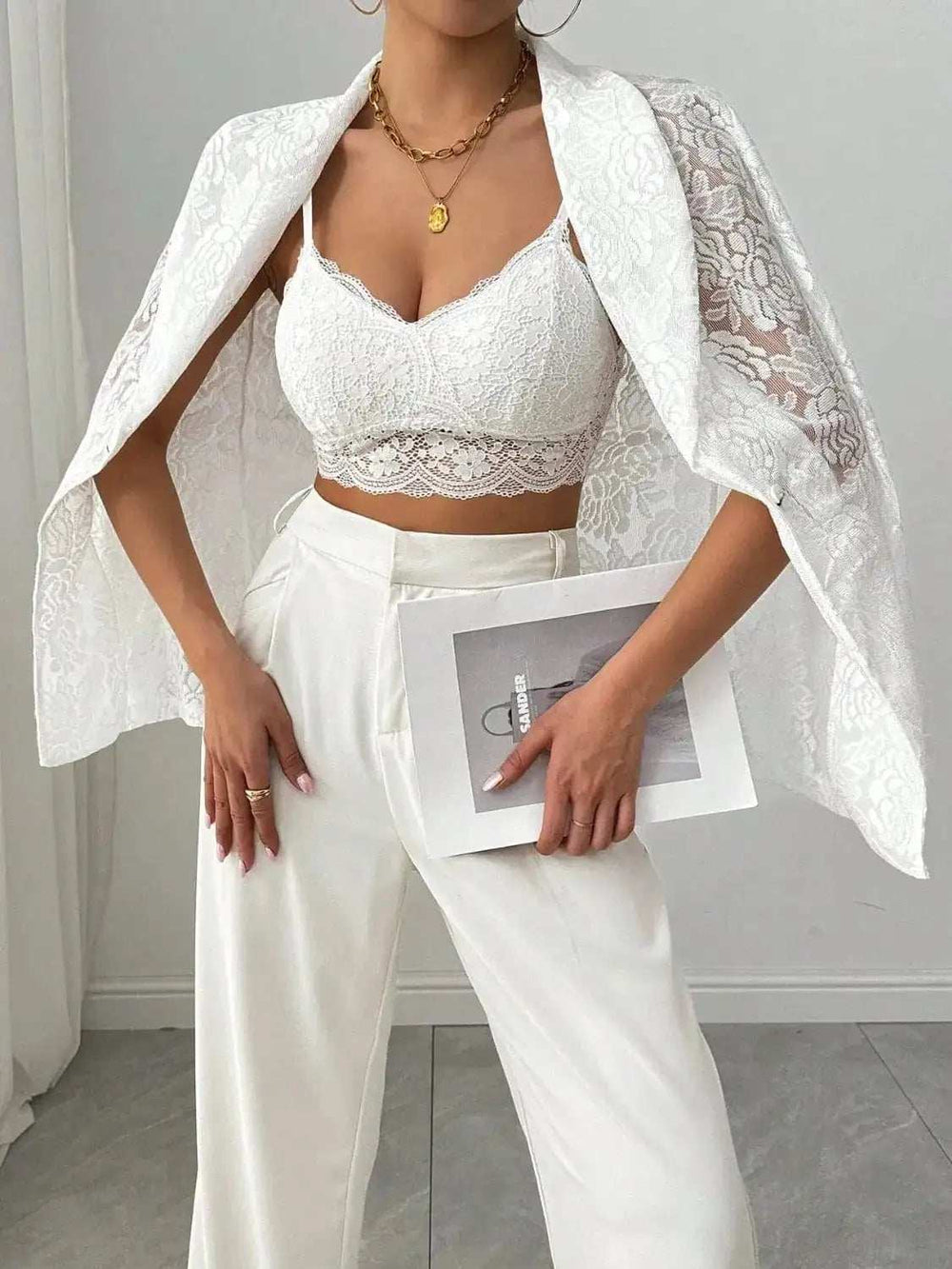 Lace Lapel Collar Long Sleeve Blazer - Trendsi - Flyclothing LLC