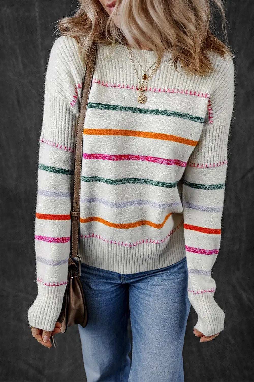Striped Round Neck Dropped Shoulder Sweater - Trendsi - Flyclothing LLC
