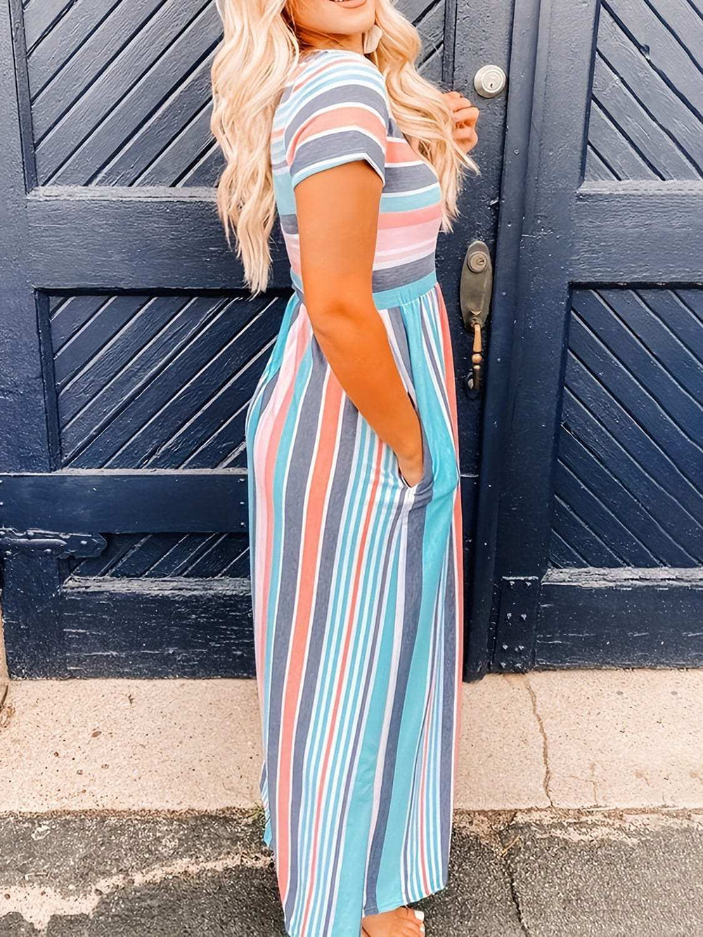 Full Size Striped Round Neck Short Sleeve Dress - Trendsi - Flyclothing LLC