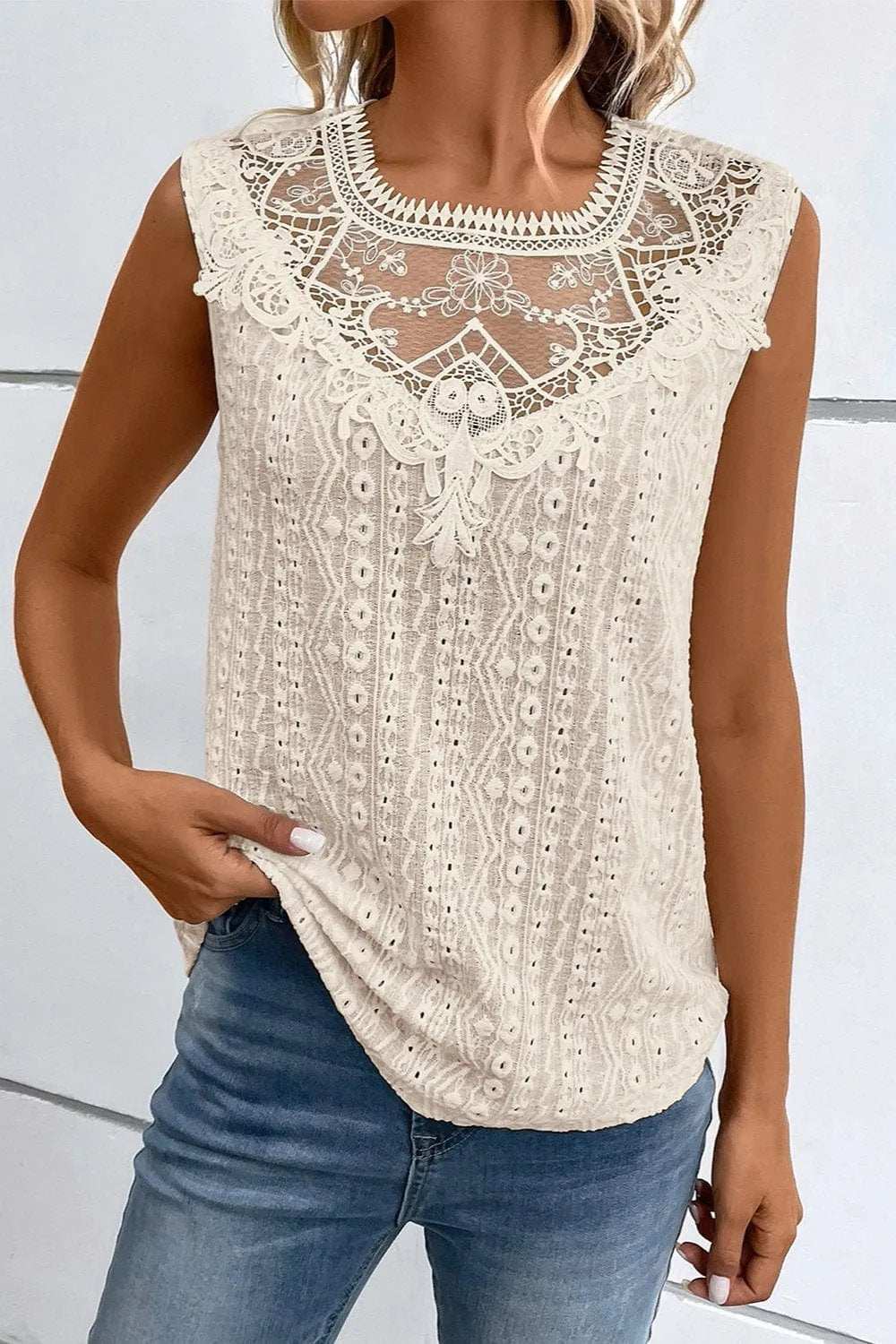Lace Detail Eyelet Tank - Trendsi - Flyclothing LLC