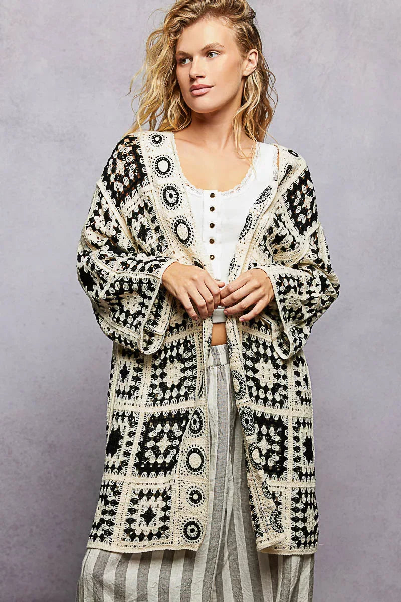 POL Open Front Crochet Cardigan with Granny Square Pattern - Trendsi - Flyclothing LLC