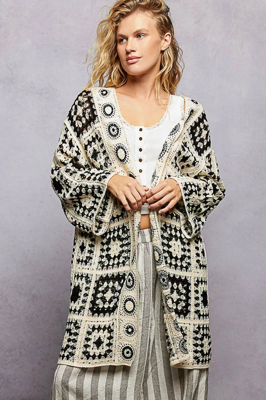 POL Open Front Crochet Cardigan with Granny Square Pattern - Trendsi - Flyclothing LLC
