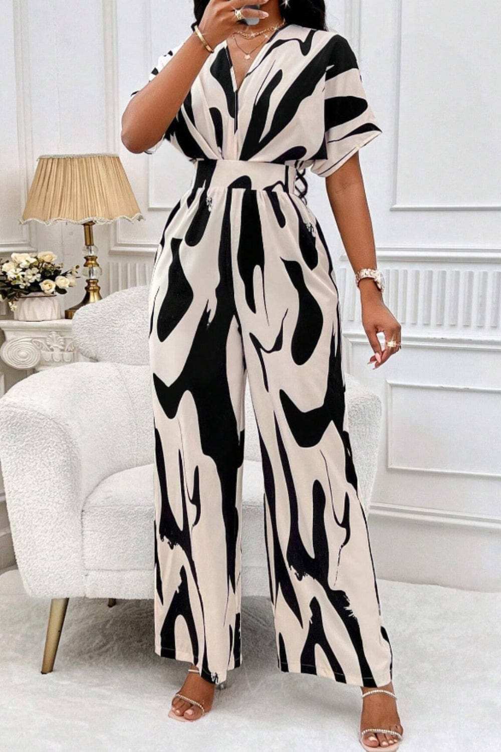 Printed V-Neck Short Sleeve Wide Leg Jumpsuit - Trendsi - Flyclothing LLC