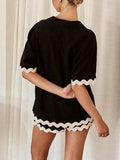 Contrast Trim Half Sleeve Top and Shorts Set - Trendsi - Flyclothing LLC