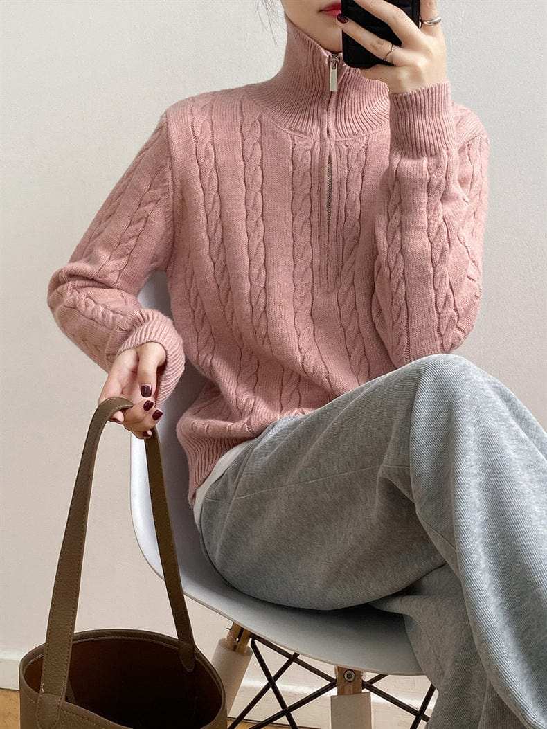 Cable-Knit Half Zip Long Sleeve Sweater - Trendsi - Flyclothing LLC