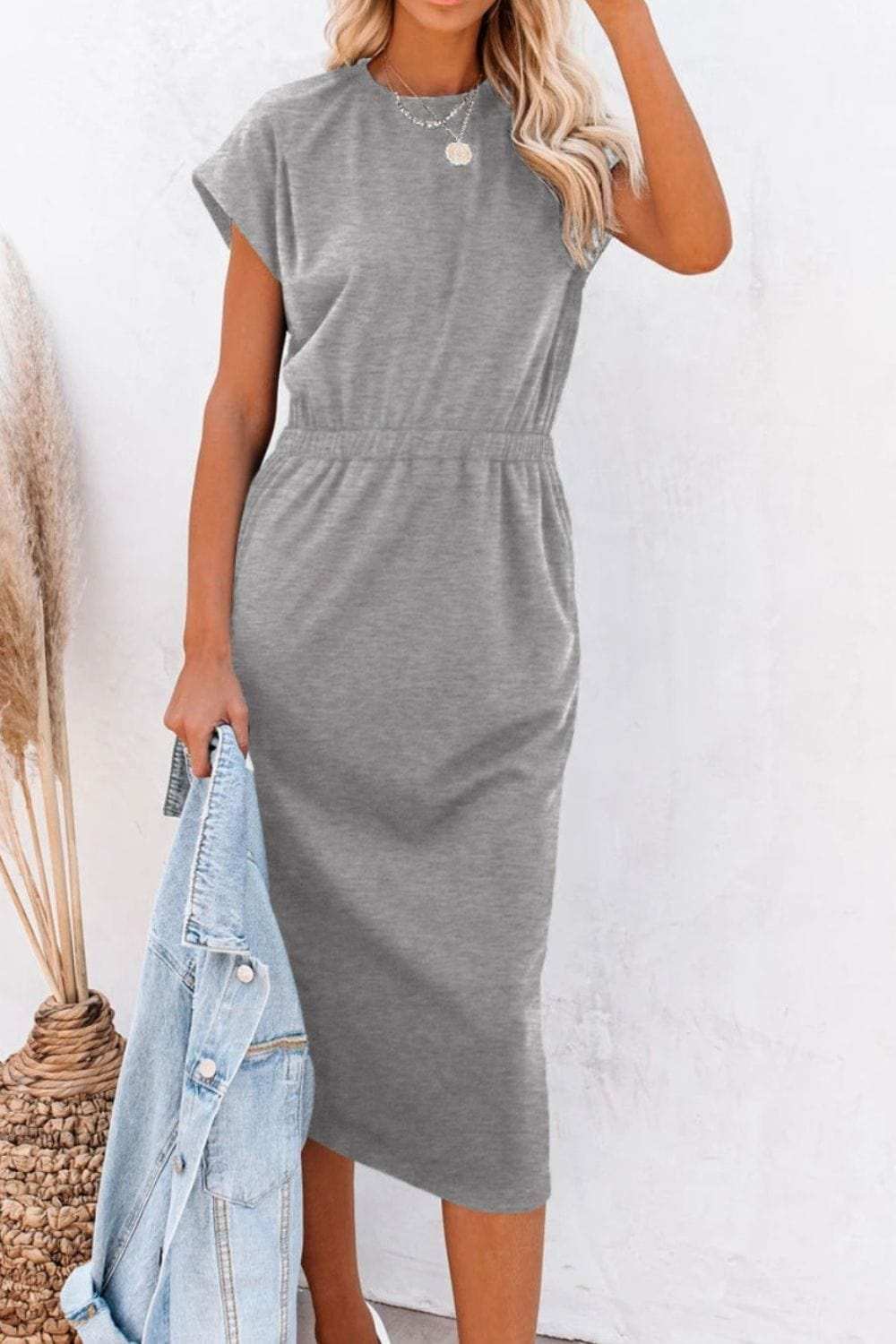 Pocketed Round Neck Cap Sleeve Dress - Trendsi - Flyclothing LLC