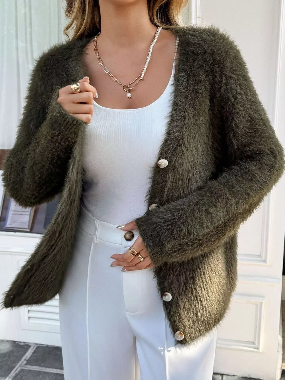 Fuzzy Knit Button-Up Cardigan - Trendsi - Flyclothing LLC