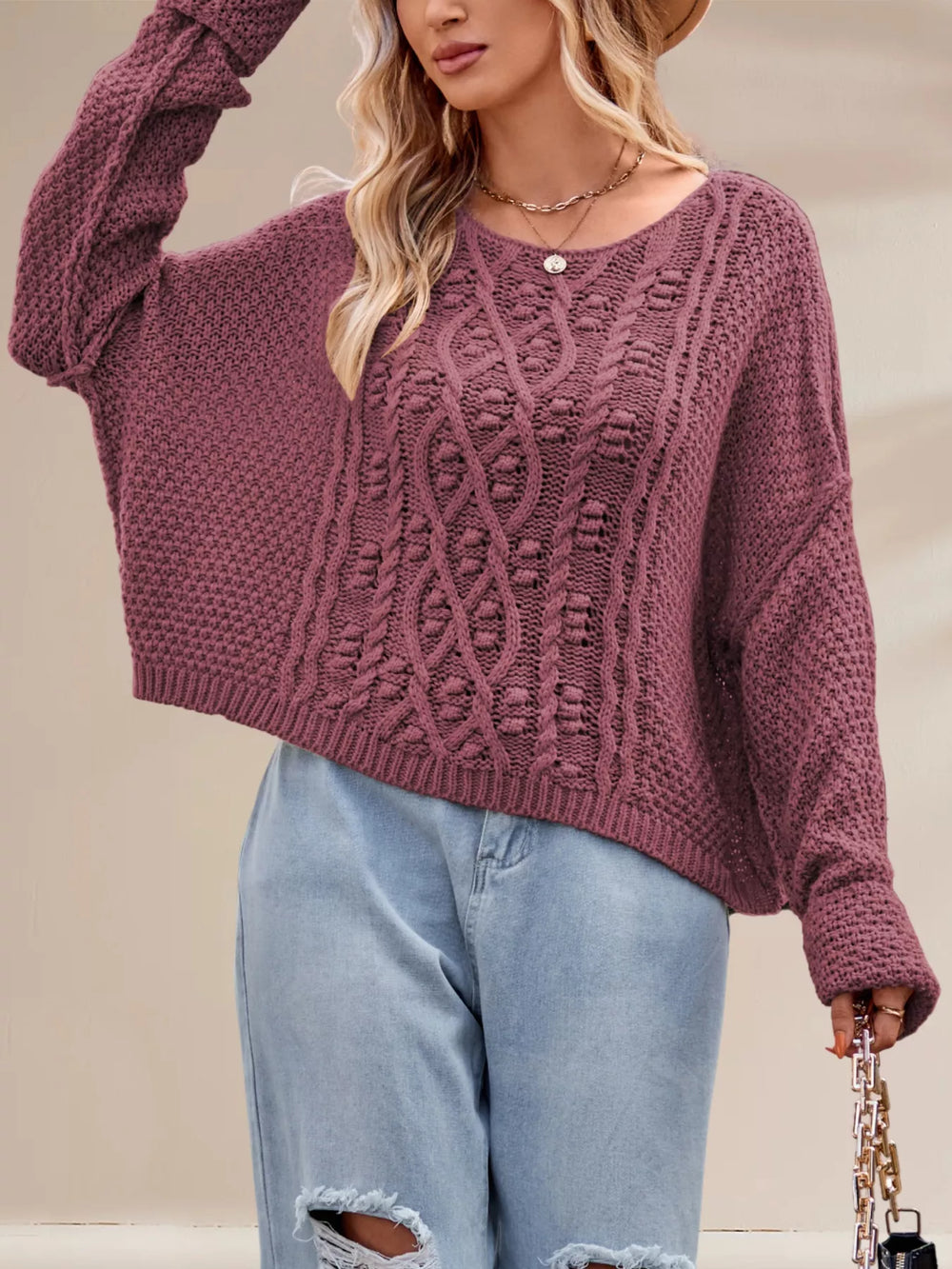 Textured Knit Round Neck Sweater - Trendsi - Flyclothing LLC