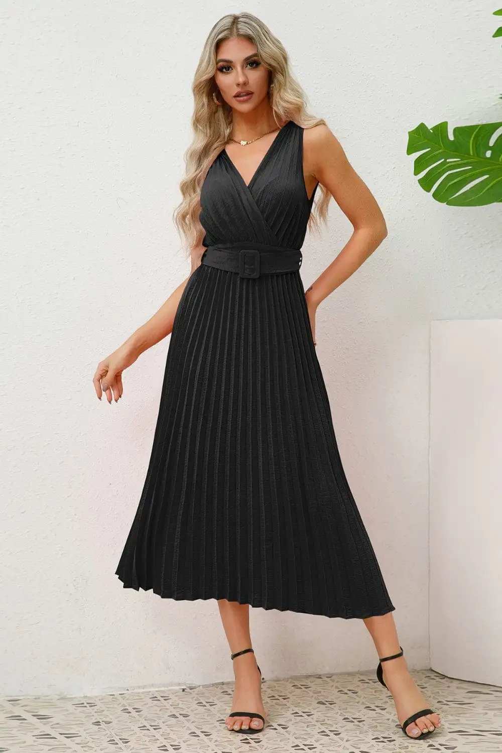 Surplice Sleeveless Midi Pleated Dress - Trendsi - Flyclothing LLC