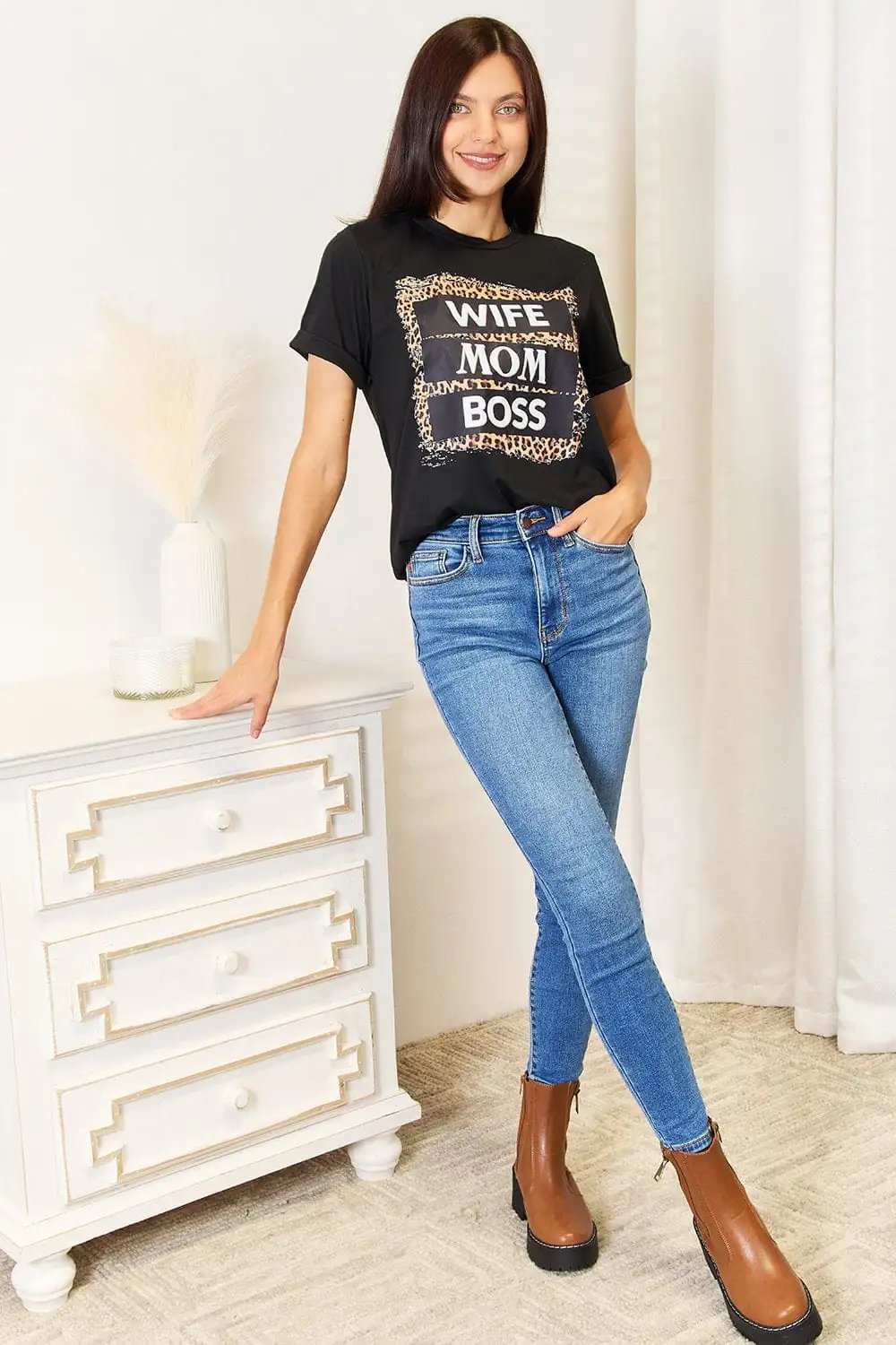 Simply Love WIFE MOM BOSS Leopard Graphic T-Shirt - Trendsi - Flyclothing LLC