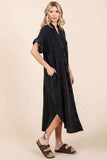 Mittoshop Mineral Wash V Neck Button Up Midi Shirt Dress - Trendsi - Flyclothing LLC