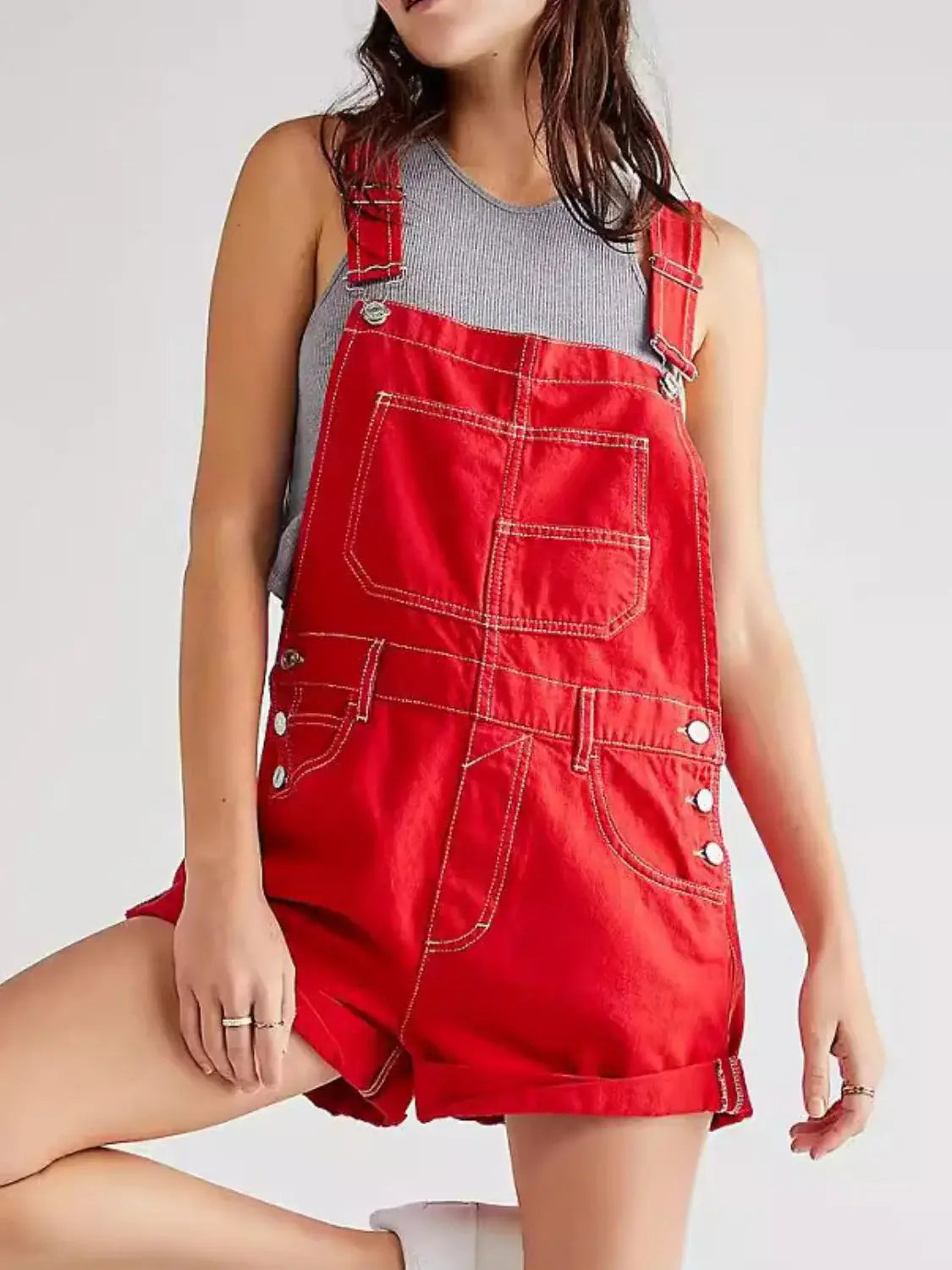 Square Neck Denim Overalls with Pockets