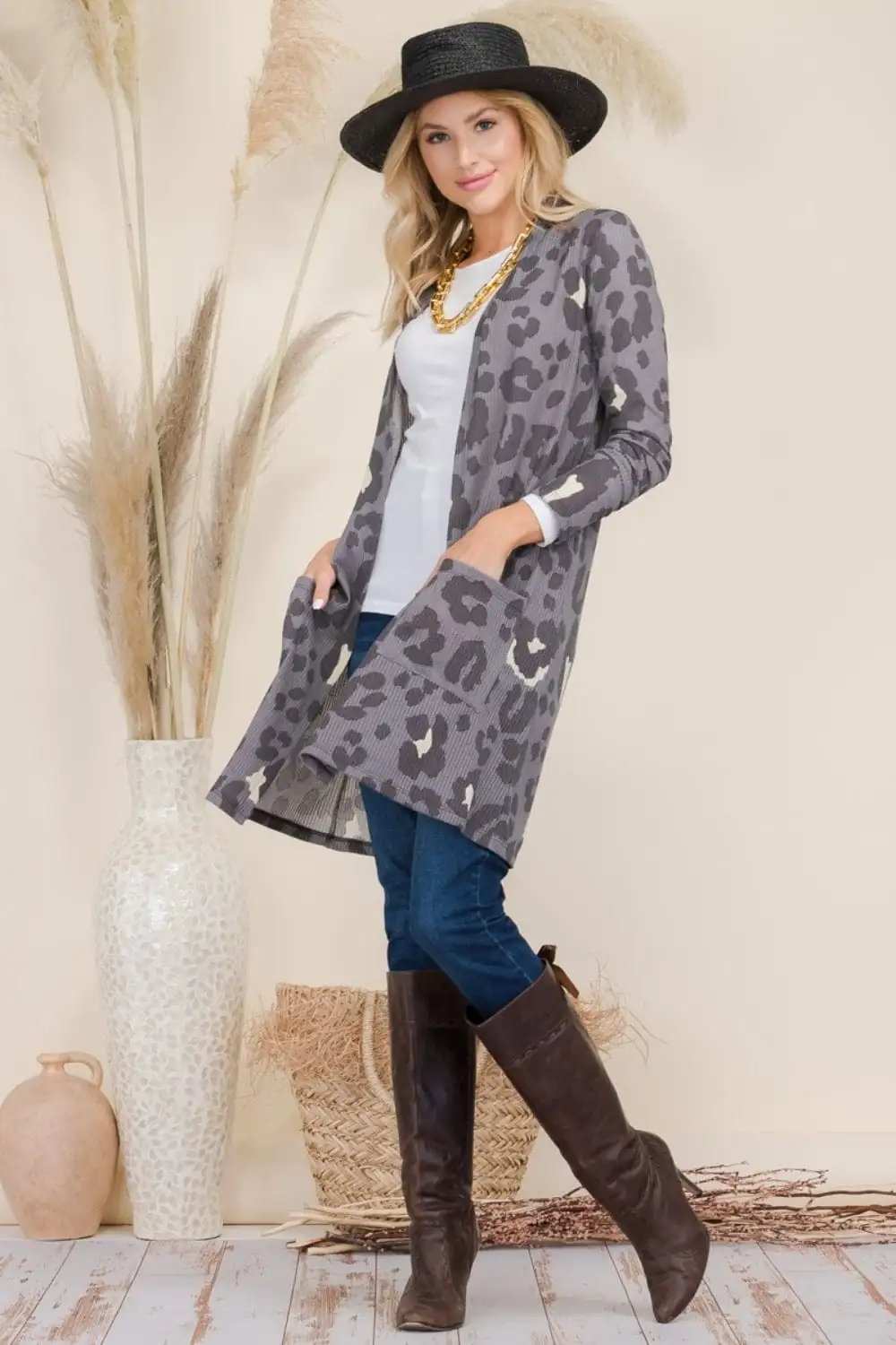 Celeste Full Size Leopard Open Front Contrast Cardigan - Trendsi - Flyclothing LLC
