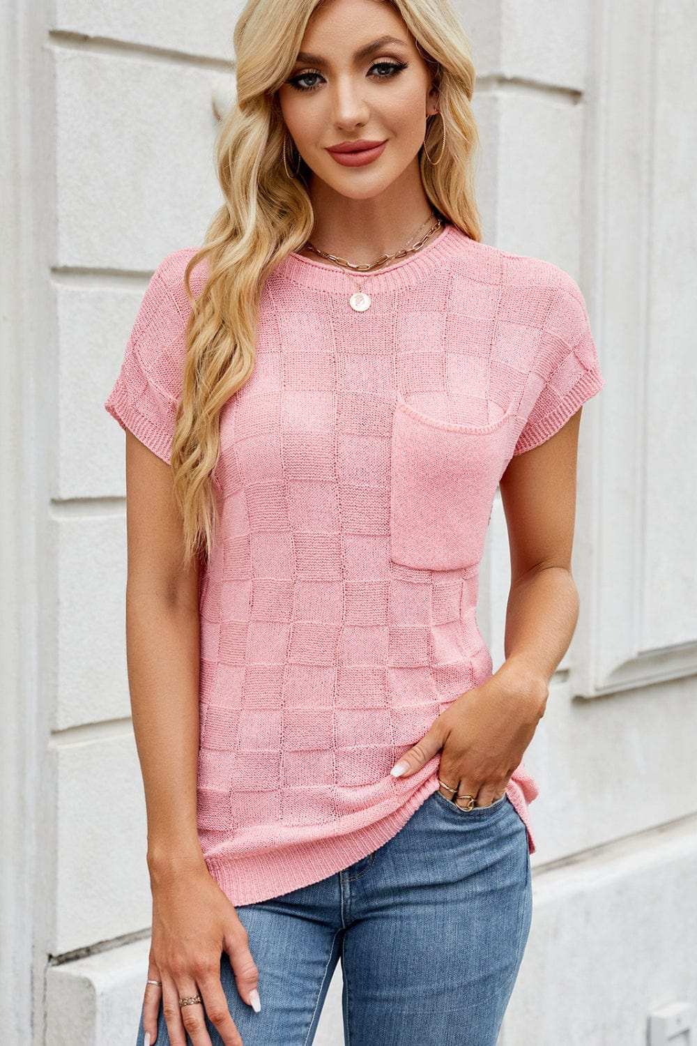 Checkered Round Neck Short Sleeve Knit Top - Trendsi - Flyclothing LLC