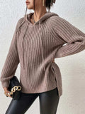 High-Low Side Slit Drawstring Long Sleeve Hooded Sweater - Trendsi - Flyclothing LLC