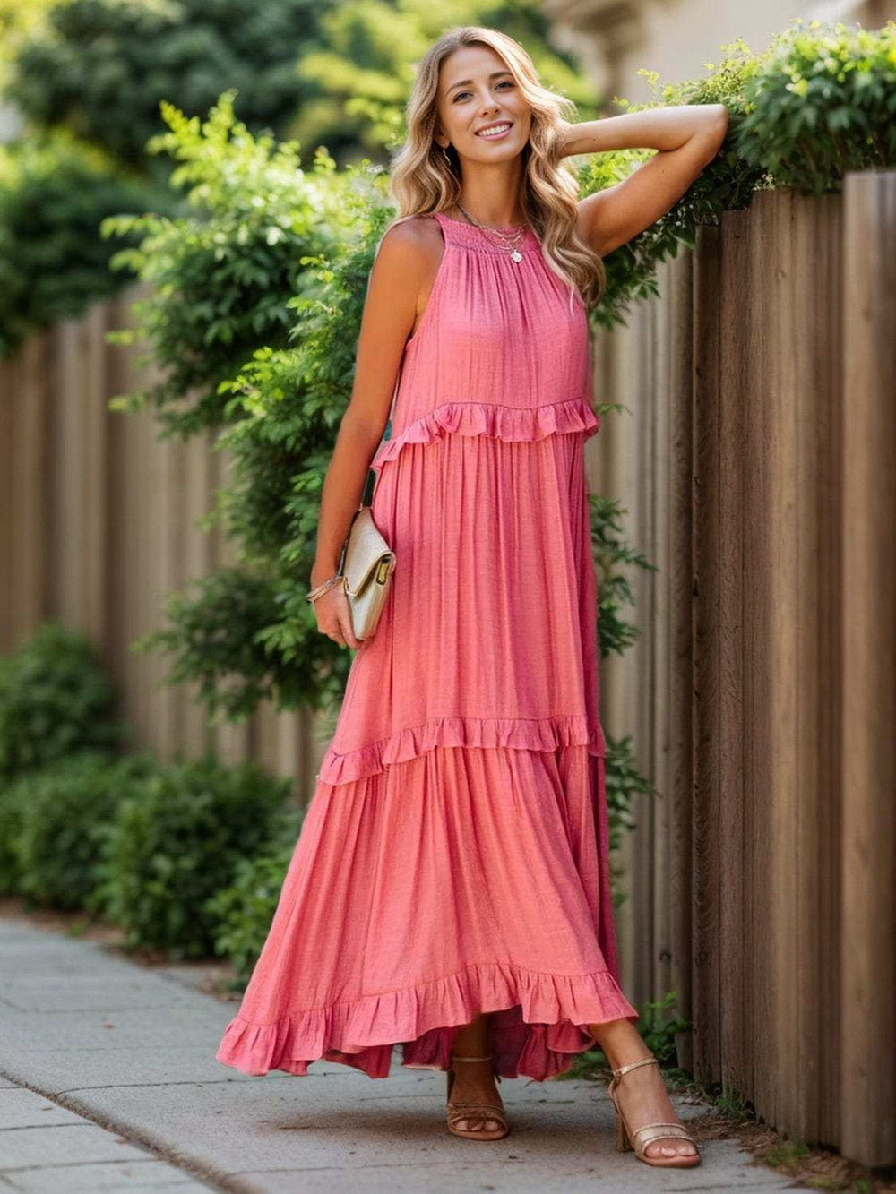 Ruffled Sleeveless Tiered Maxi Dress with Pockets - Trendsi - Flyclothing LLC