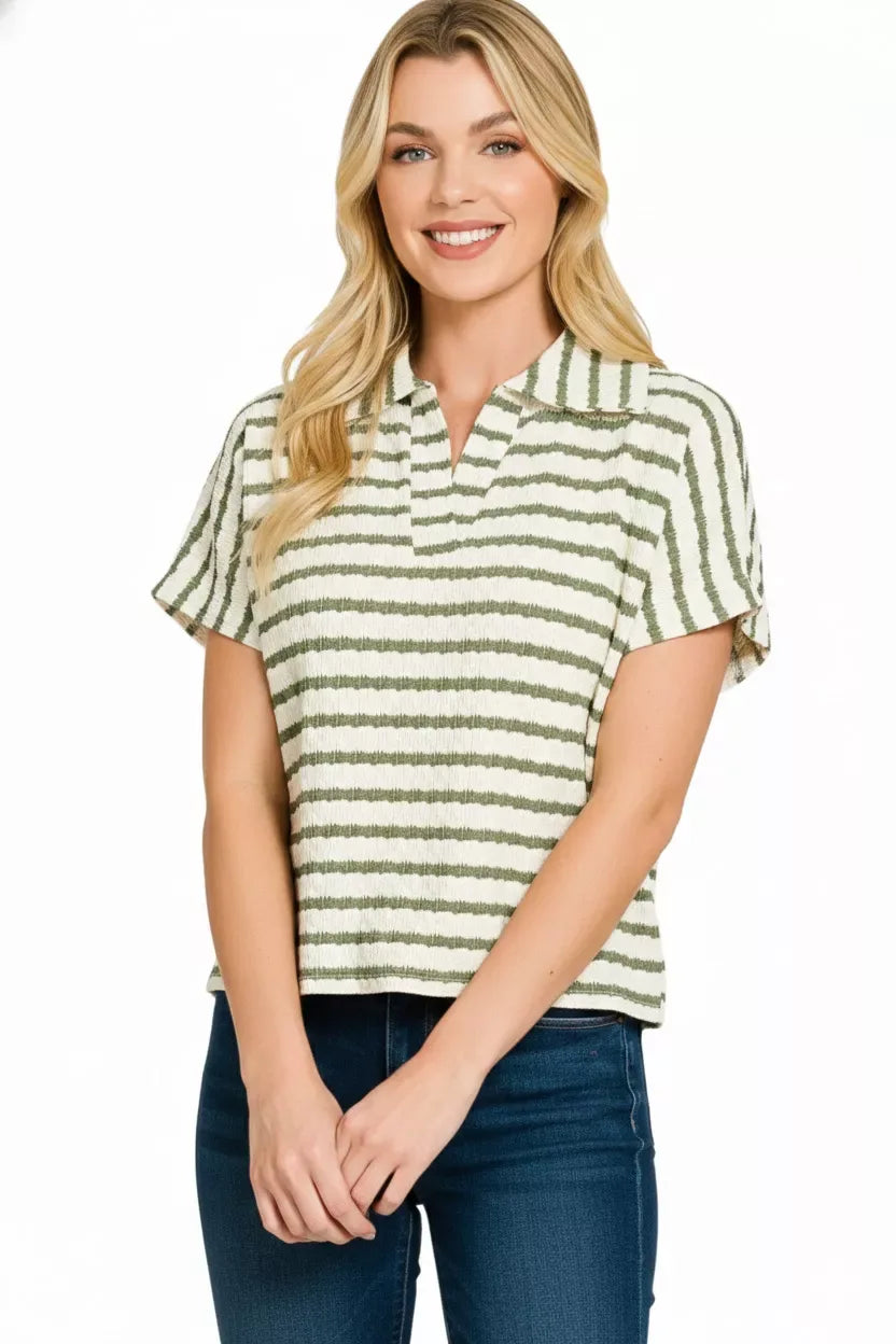 Zenana Striped Split Neck Collared Top - Trendsi - Flyclothing LLC