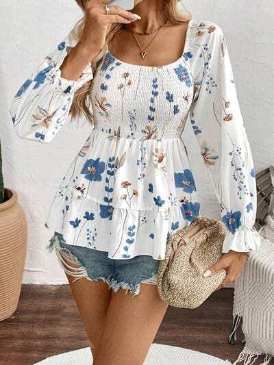 Smocked Floral Scoop Neck Flounce Sleeve Blouse - Trendsi - Flyclothing LLC