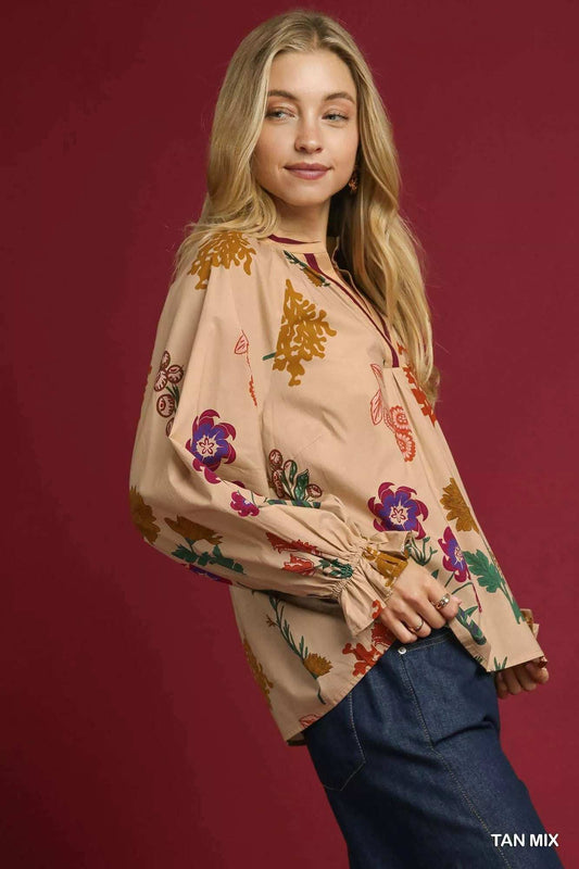 Umgee Floral Print Flounce Sleeve Blouse - Trendsi - Flyclothing LLC