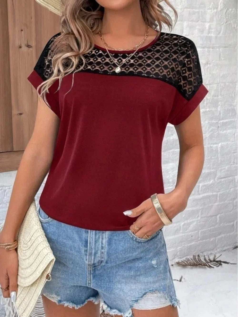 Contrast Lace Round Neck Short Sleeve Blouse - Trendsi - Flyclothing LLC