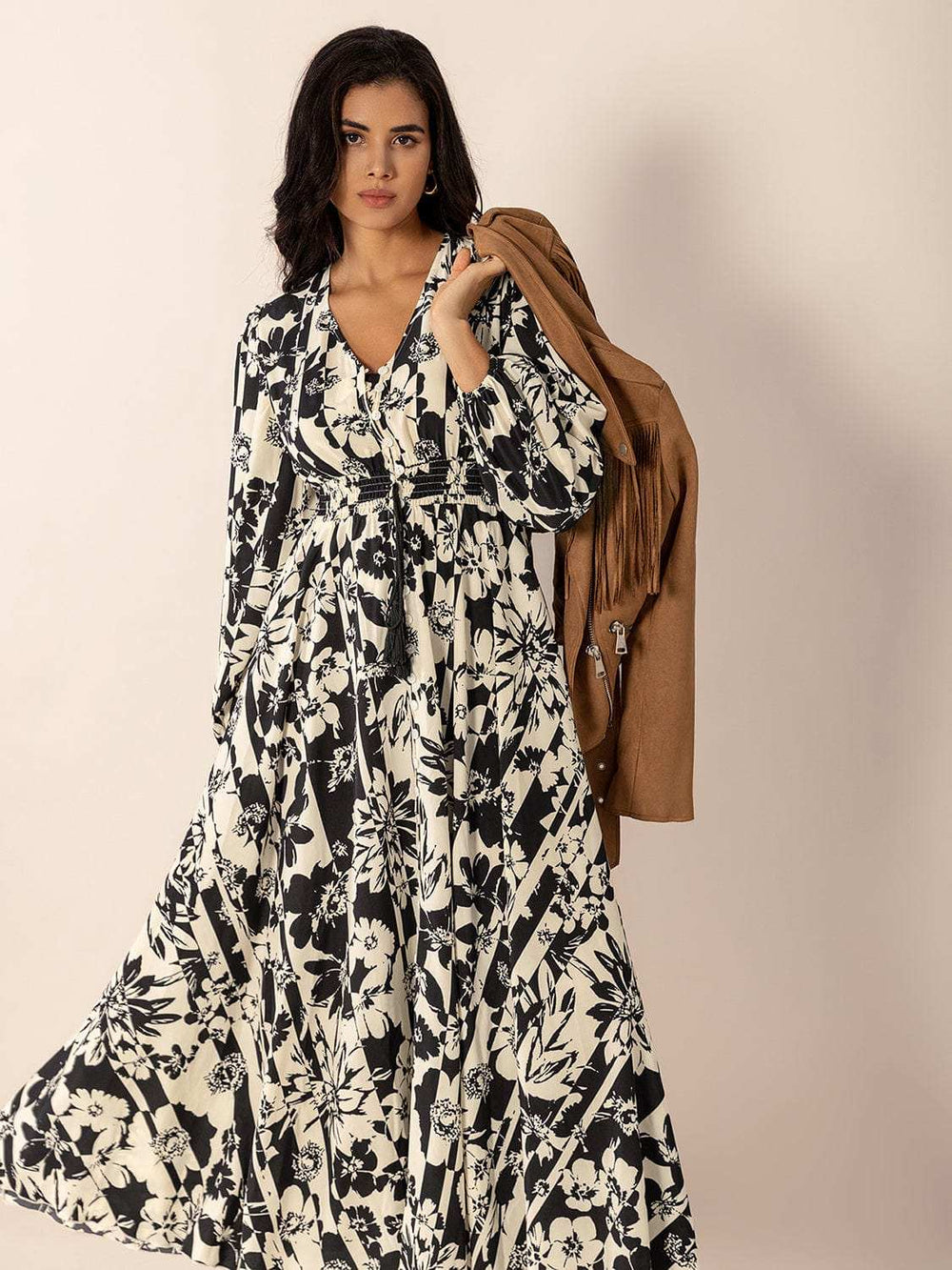 Tied Printed V-Neck Long Sleeve Midi Dress - Trendsi - Flyclothing LLC