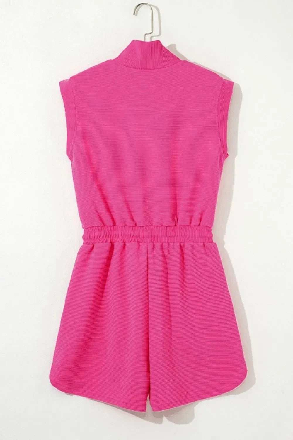 Textured Short Sleeve Half Zip Drawstring Waist Romper - Trendsi - Flyclothing LLC