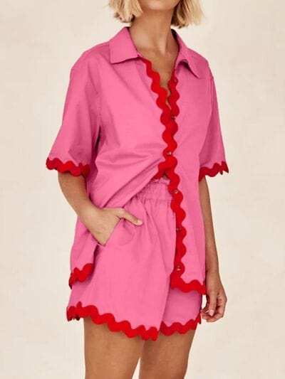 Contrast Trim Half Sleeve Top and Shorts Set - Trendsi - Flyclothing LLC