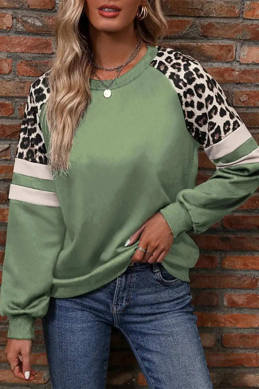 Leopard Round Neck Long Sleeve Sweatshirt - Trendsi - Flyclothing LLC