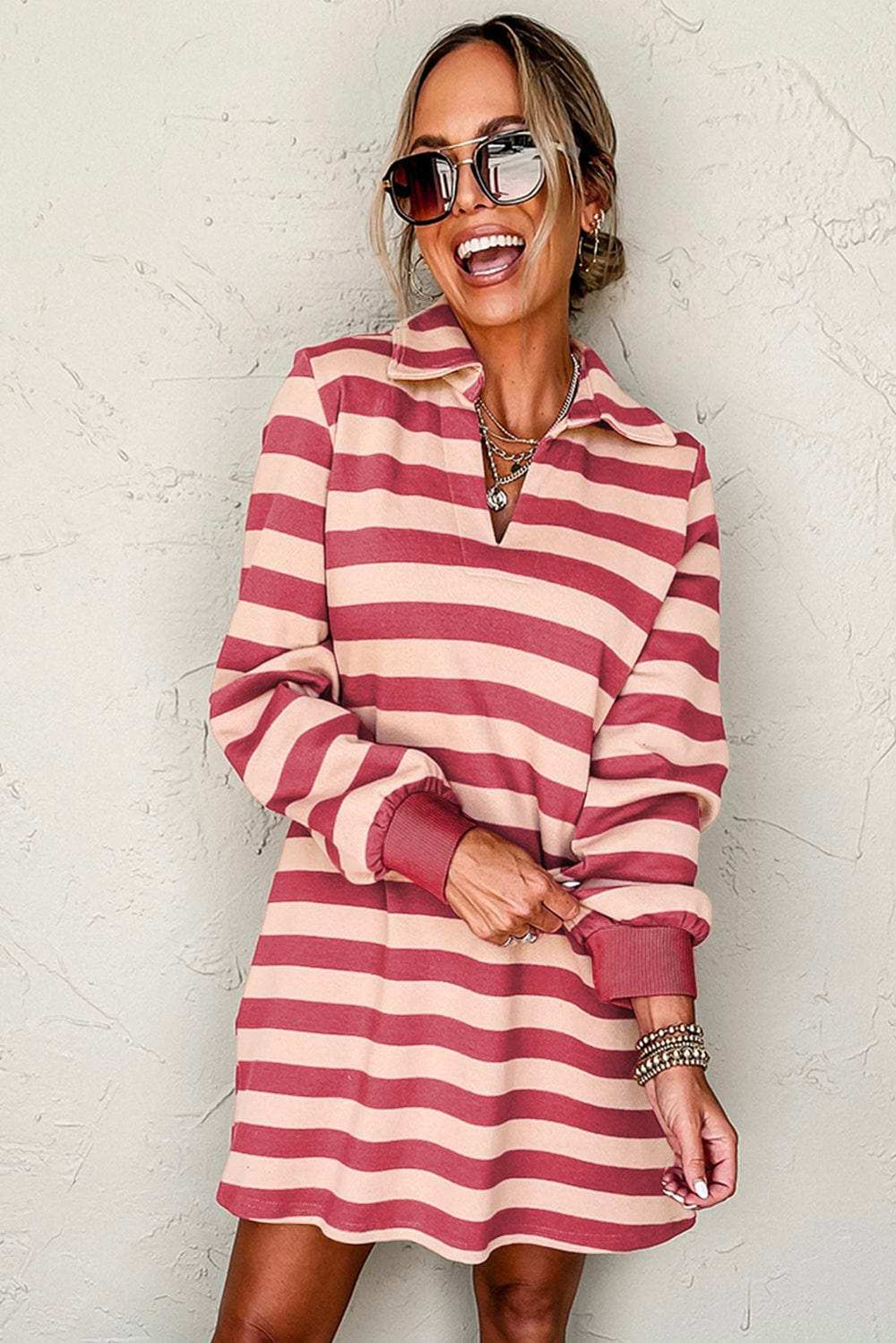 Contrast Striped Johnny Collar Long Sleeve Mini Dress - Trendsi - Flyclothing LLC