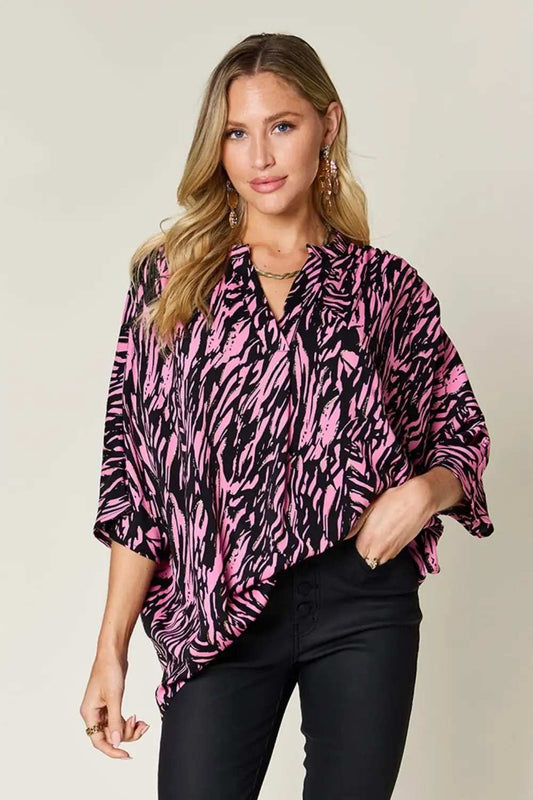 Double Take Full Size Printed Notched Three-Quarter Sleeve Blouse - Trendsi - Flyclothing LLC