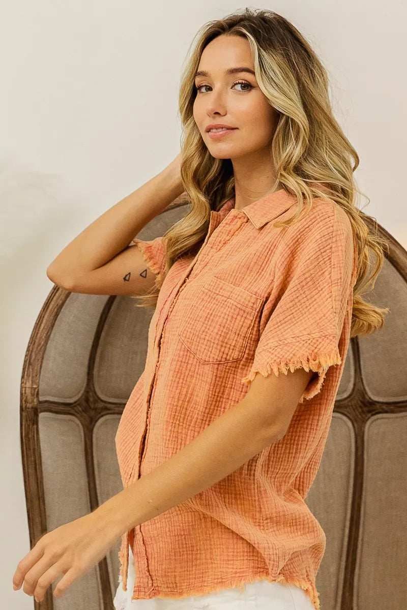 BiBi Mineral Washed Buttoned Up Shirt Top - Trendsi - Flyclothing LLC