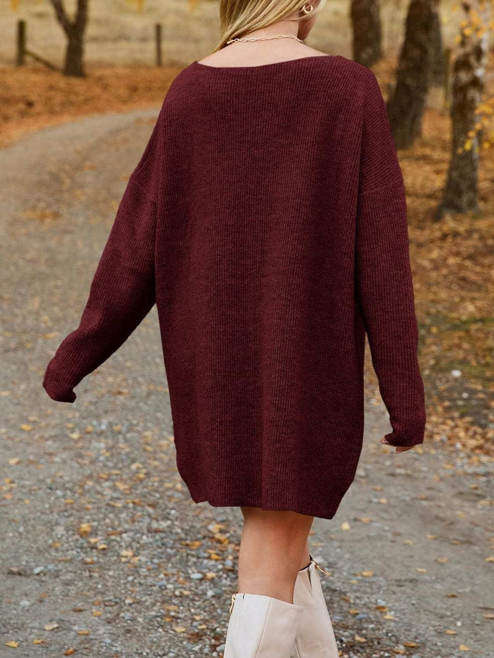 V-Neck Dropped Shoulder Sweater Dress - Trendsi - Flyclothing LLC