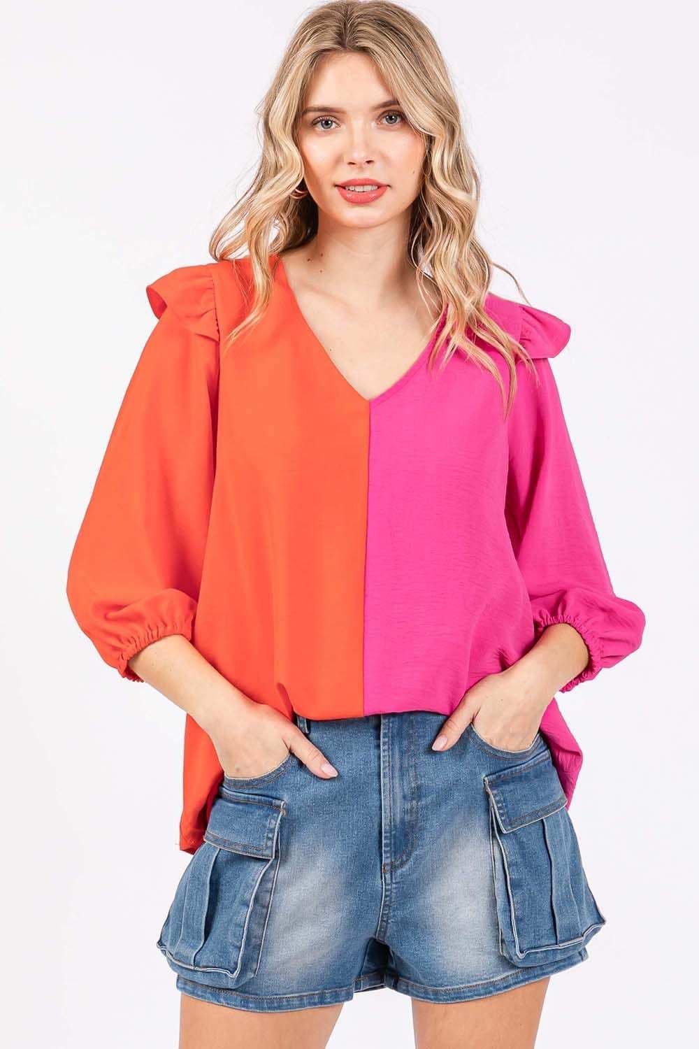 GeeGee Full Size Ruffle Trim Contrast Blouse - Trendsi - Flyclothing LLC