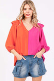 GeeGee Full Size Ruffle Trim Contrast Blouse - Trendsi - Flyclothing LLC