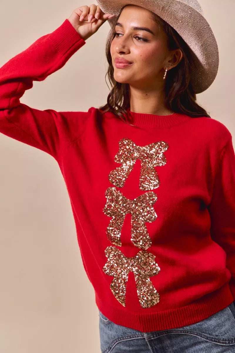 SO ME Sequins Bow Ribbon Embellished Christmas Sweater - Trendsi - Flyclothing LLC
